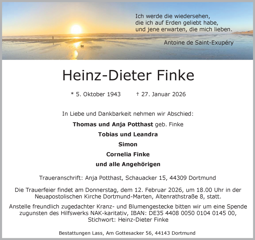  Traueranzeige für Heinz-Dieter Finke vom 31.01.2026 aus Ruhr Nachrichten