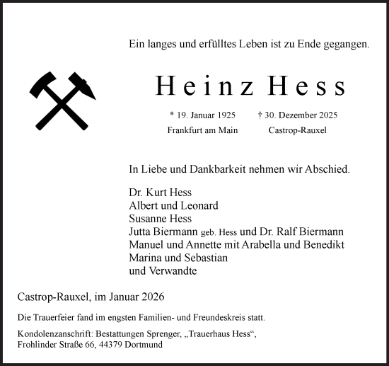 Traueranzeige von Heinz Hess von Stadtanzeiger Castrop-Rauxel
