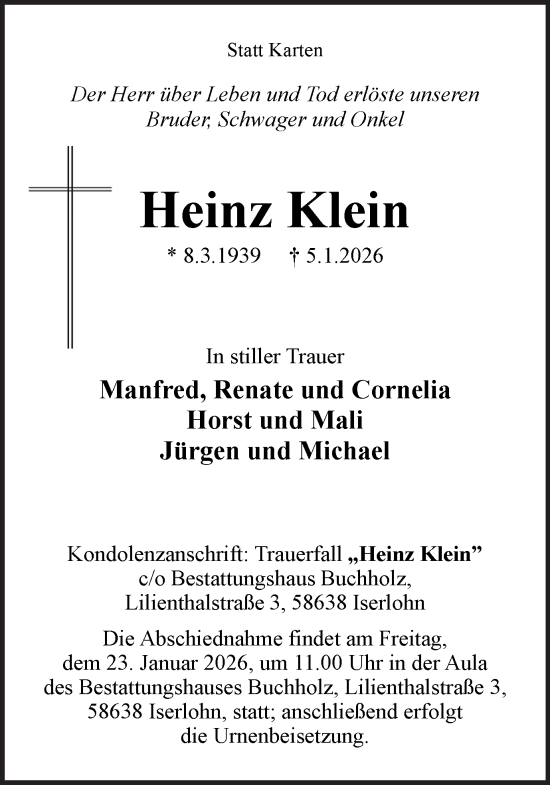Traueranzeige von Heinz Klein von Ruhr Nachrichten