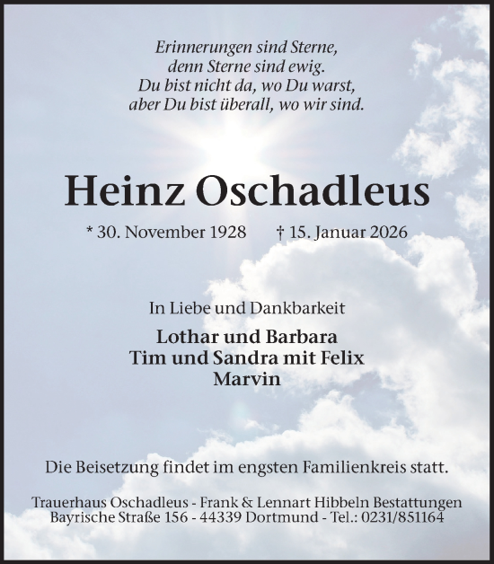 Traueranzeige von Heinz Oschadleus von Ruhr Nachrichten