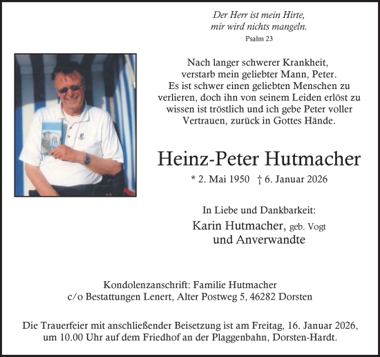 Traueranzeige von Heinz-Peter Hutmacher von Ruhr Nachrichten und Dorstener Zeitung