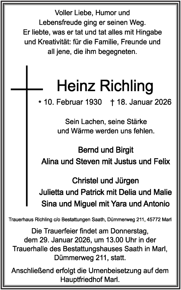  Traueranzeige für Heinz Richling vom 24.01.2026 aus Trauer Vest