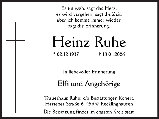 Traueranzeige von Heinz Ruhe von Trauer Vest