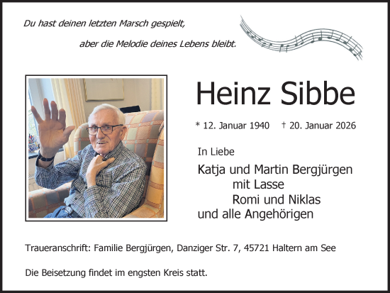 Traueranzeige von Heinz Sibbe von Ruhr Nachrichten und Halterner Zeitung