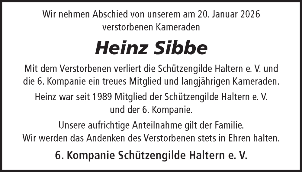  Traueranzeige für Heinz Sibbe vom 28.01.2026 aus Ruhr Nachrichten und Halterner Zeitung