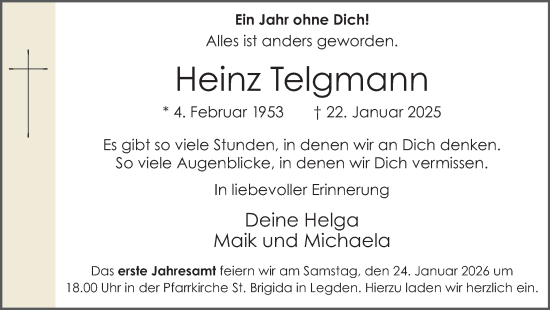 Traueranzeige von Heinz Telgmann von Münsterland Zeitung