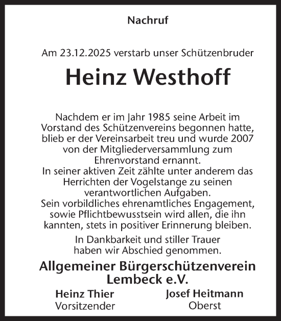 Traueranzeige von Heinz Westhoff von Ruhr Nachrichten und Dorstener Zeitung