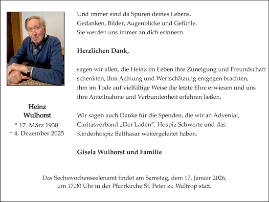 Traueranzeige von Heinz Wulhorst von Trauer Vest