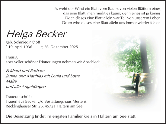 Traueranzeige von Helga Becker von Hellweger Anzeiger