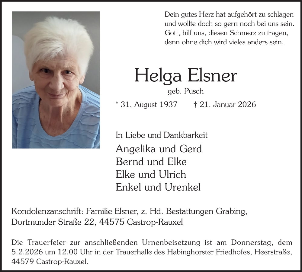  Traueranzeige für Helga Elsner vom 31.01.2026 aus Stadtanzeiger Castrop-Rauxel