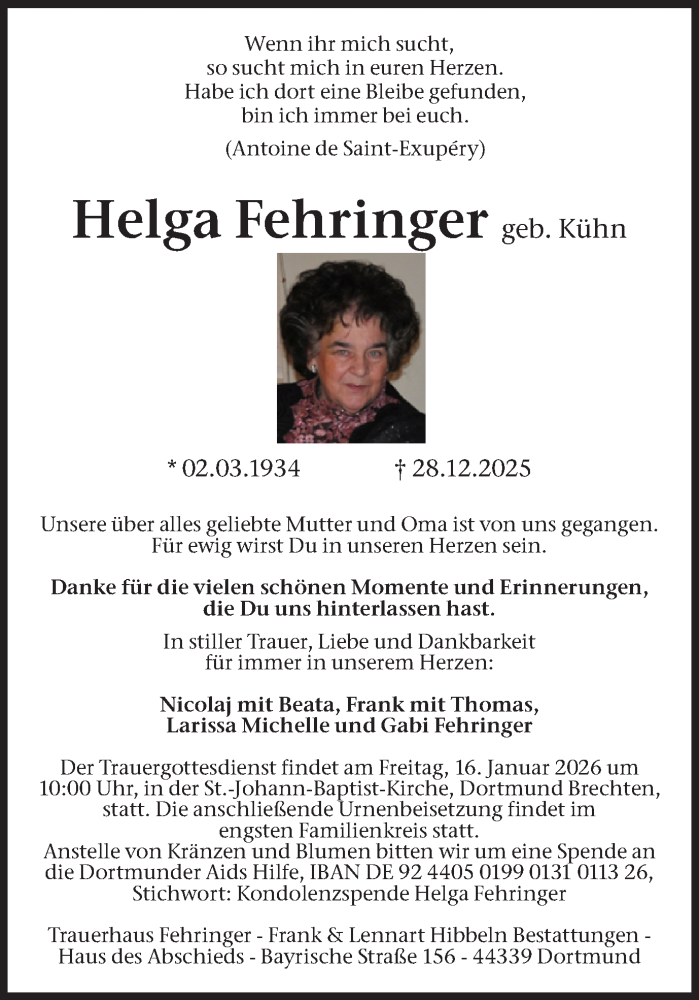  Traueranzeige für Helga Fehringer vom 10.01.2026 aus Ruhr Nachrichten