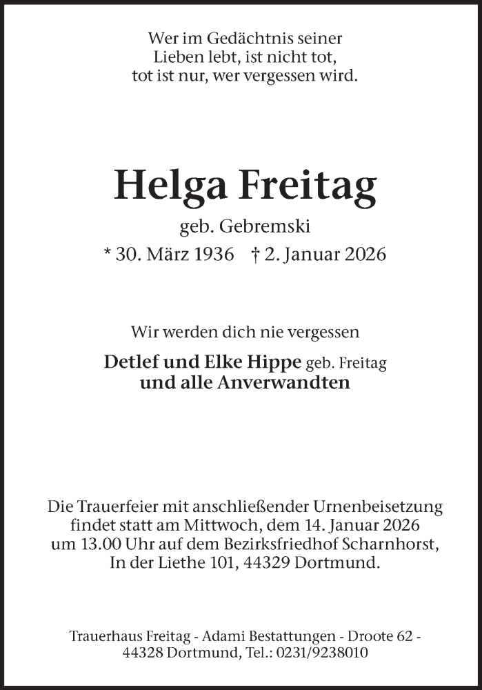  Traueranzeige für Helga Freitag vom 10.01.2026 aus Ruhr Nachrichten