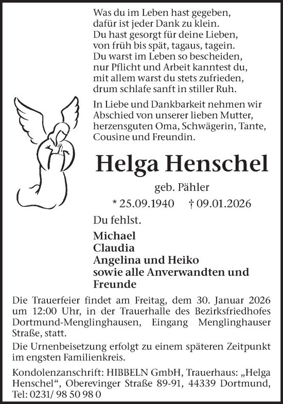 Traueranzeige von Helga Henschel von Ruhr Nachrichten