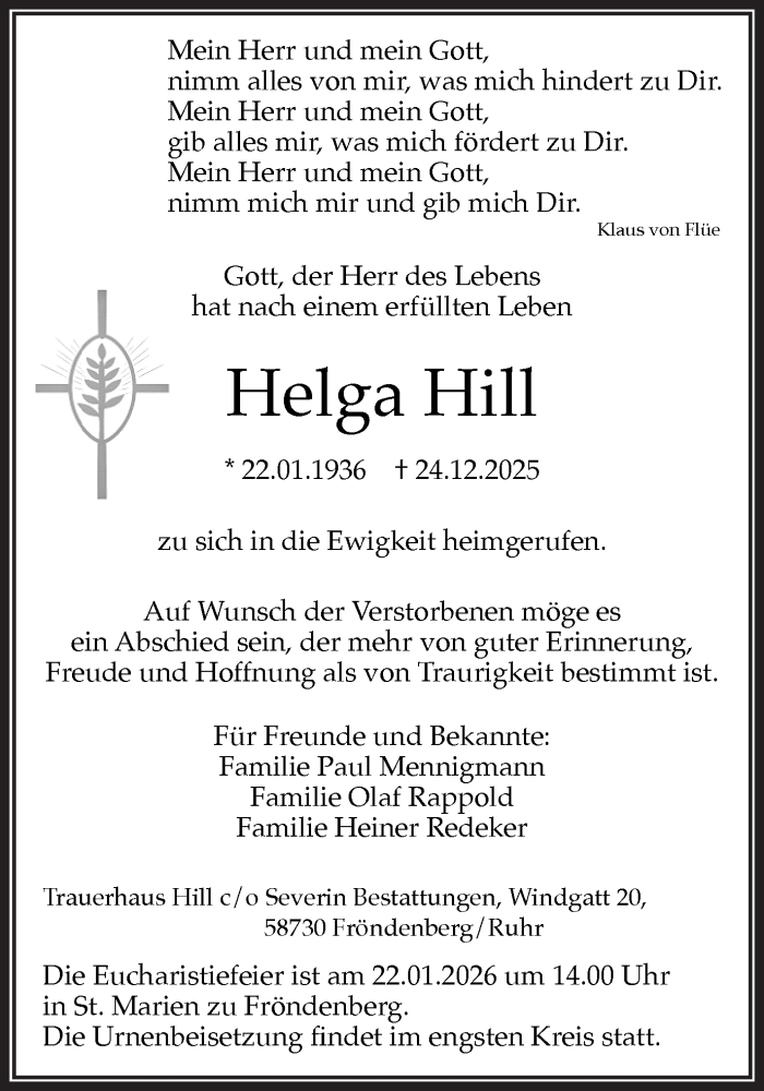  Traueranzeige für Helga Hill vom 10.01.2026 aus Hellweger Anzeiger