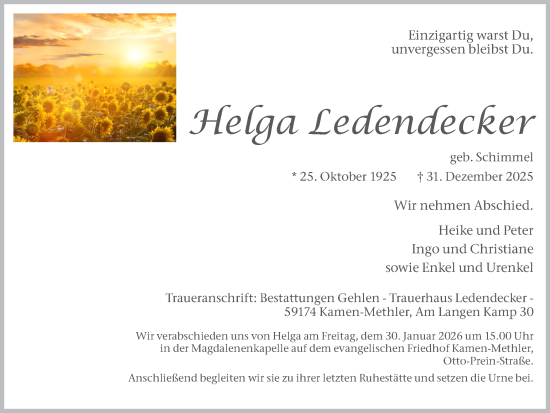 Traueranzeige von Helga Ledendecker von Hellweger Anzeiger