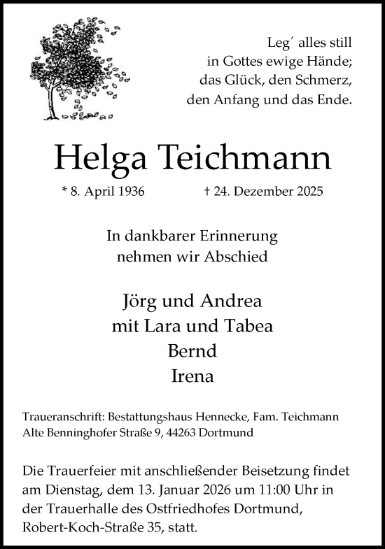 Traueranzeige von Helga Teichmann von Ruhr Nachrichten