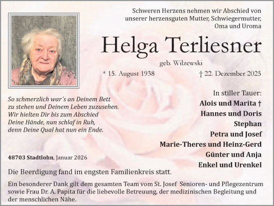 Traueranzeige von Helga Terliesner von Münsterland Zeitung