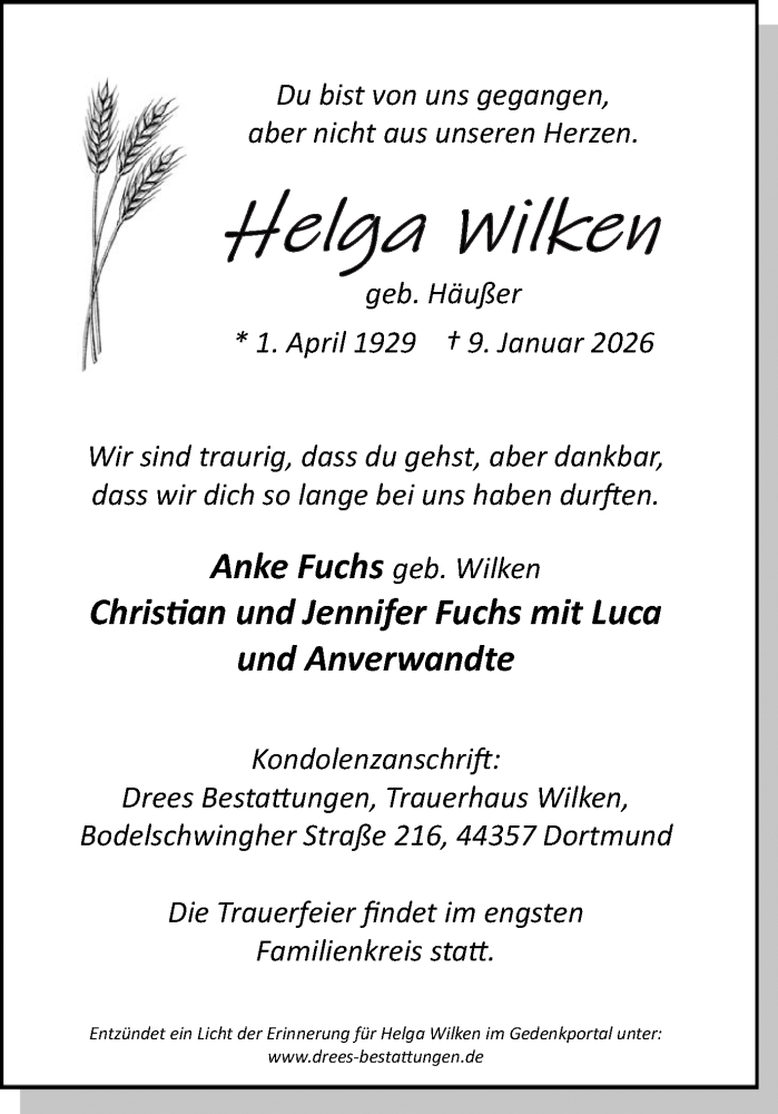  Traueranzeige für Helga Wilken vom 17.01.2026 aus Ruhr Nachrichten