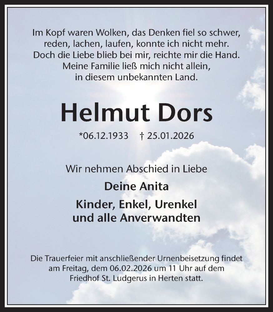 Traueranzeige für Helmut Dors vom 31.01.2026 aus Trauer Vest