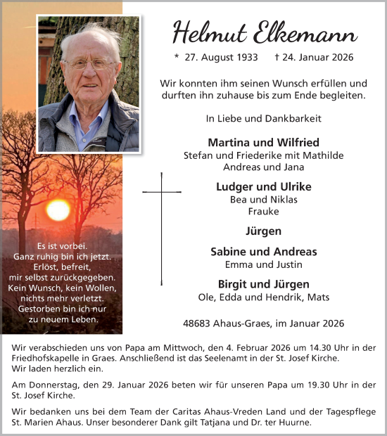 Traueranzeige von Helmut Elkemann von Hellweger Anzeiger