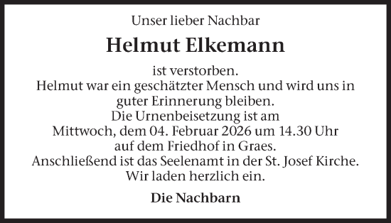 Traueranzeige von Helmut Elkemann von Münsterland Zeitung