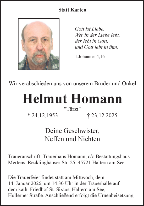 Traueranzeige von Helmut Homann von Ruhr Nachrichten und Halterner Zeitung