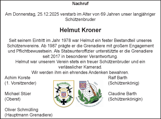 Traueranzeige von Helmut Kroner von Ruhr Nachrichten und Halterner Zeitung