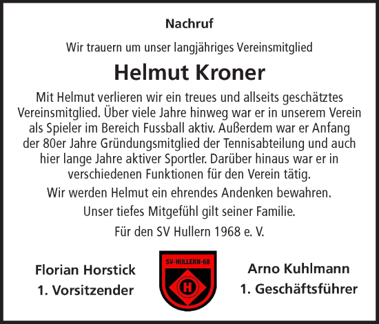 Traueranzeige von Helmut Kroner von Ruhr Nachrichten und Halterner Zeitung