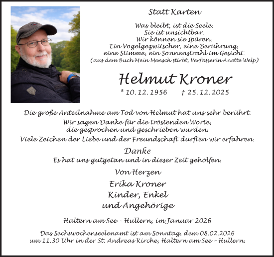 Traueranzeige von Helmut Kroner von Ruhr Nachrichten und Halterner Zeitung