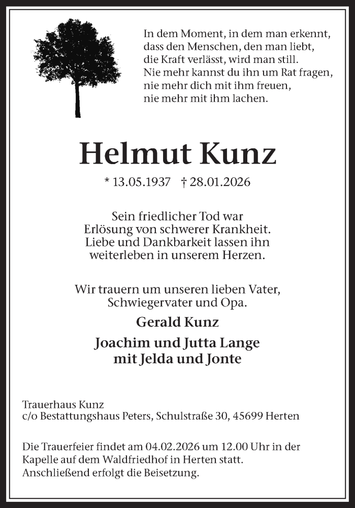  Traueranzeige für Helmut Kunz vom 31.01.2026 aus Trauer Vest