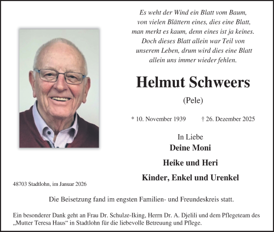 Traueranzeige von Helmut Schweers von Münsterland Zeitung