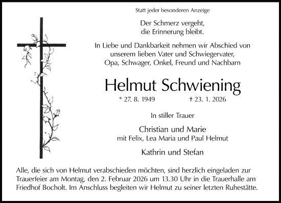 Traueranzeige von Helmut Schwiening 