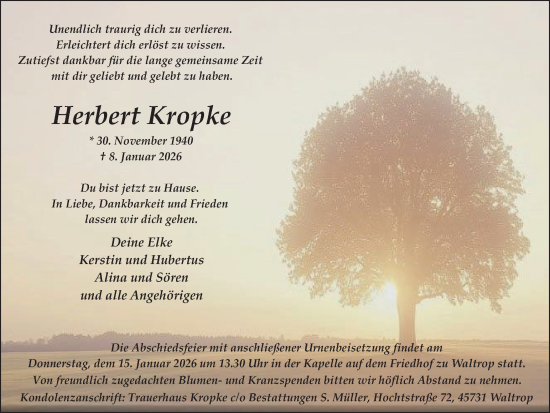 Traueranzeige von Herbert Kropke von Ruhr Nachrichten