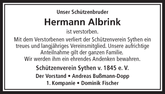 Traueranzeige von Hermann Albrink von Ruhr Nachrichten und Halterner Zeitung