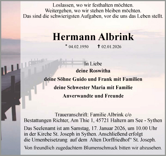 Traueranzeige von Hermann Albrink von Ruhr Nachrichten und Halterner Zeitung
