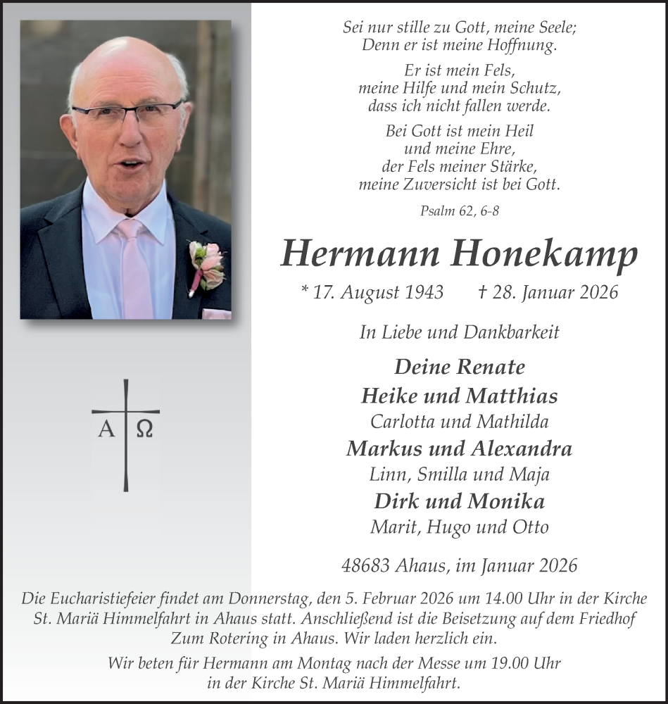  Traueranzeige für Hermann Honekamp vom 31.01.2026 aus Münsterland Zeitung
