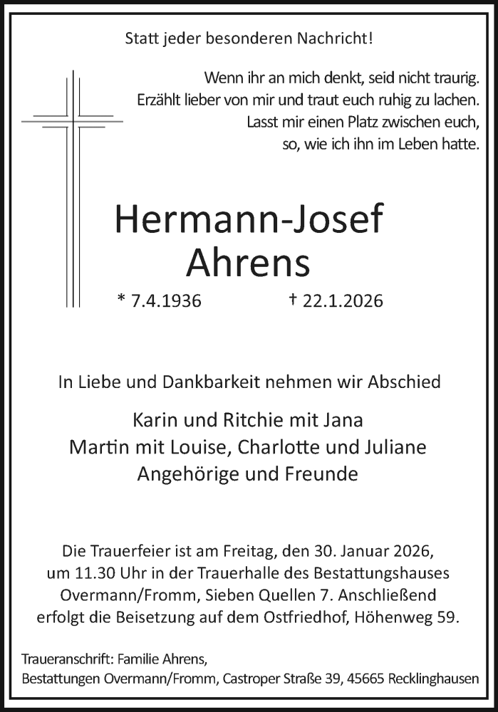  Traueranzeige für Hermann-Josef Ahrens vom 28.01.2026 aus Trauer Vest