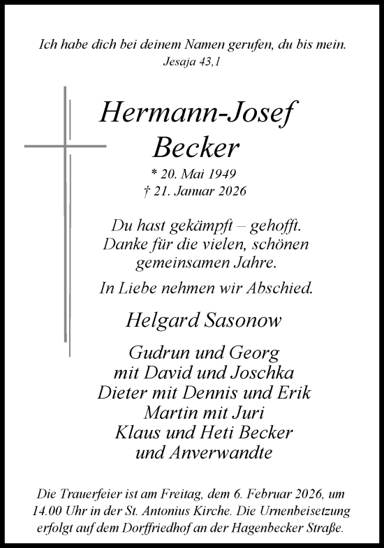 Traueranzeige von Hermann-Josef Becker von Ruhr Nachrichten und Dorstener Zeitung