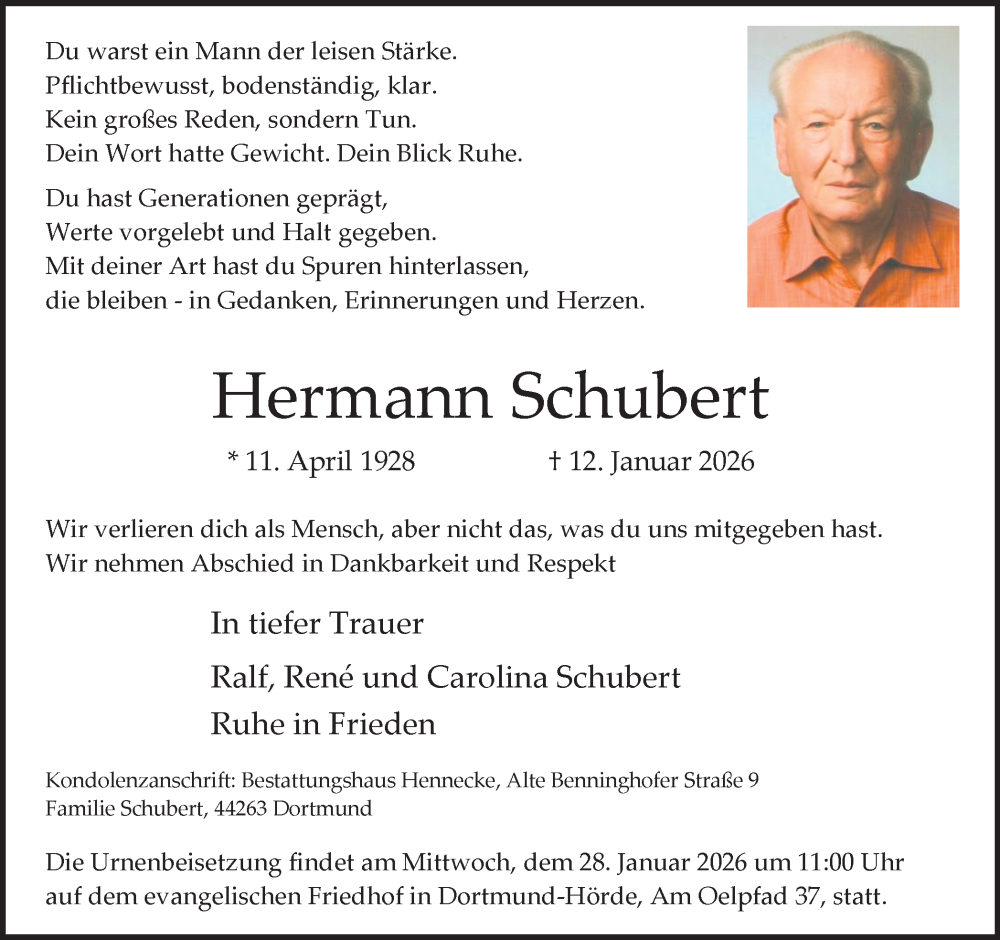 Traueranzeige für Hermann Schubert vom 24.01.2026 aus Ruhr Nachrichten