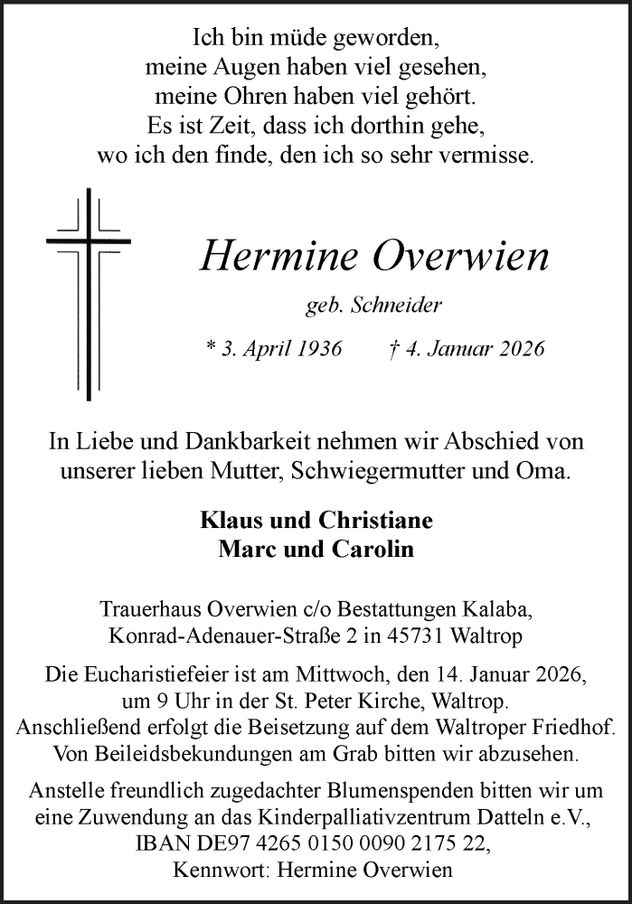 Traueranzeige für Hermine Overwien vom 10.01.2026 aus Trauer Vest