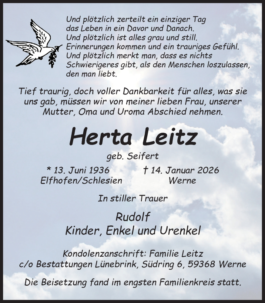  Traueranzeige für Herta Leitz vom 31.01.2026 aus Ruhr Nachrichten