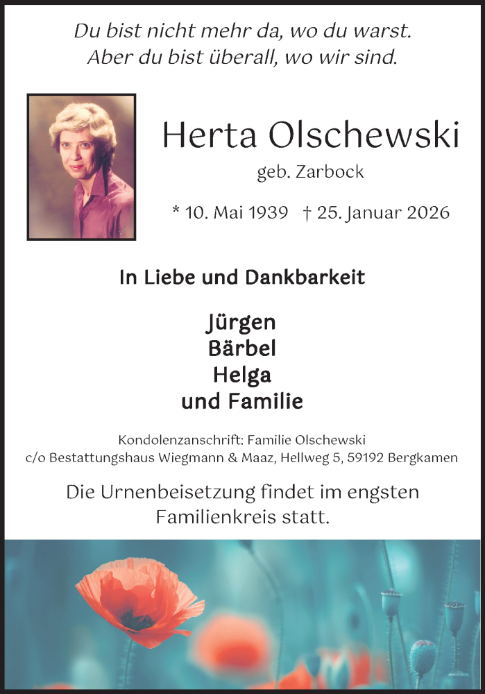  Traueranzeige für Herta Olschewski vom 31.01.2026 aus Hellweger Anzeiger