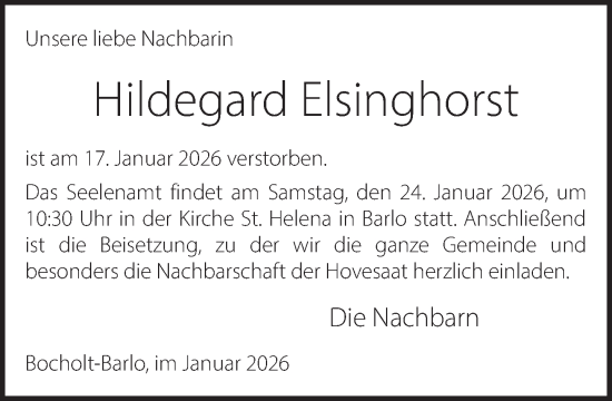 Traueranzeige von Hildegard Elsinghorst 