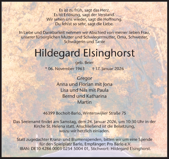 Traueranzeige von Hildegard Elsinghorst 