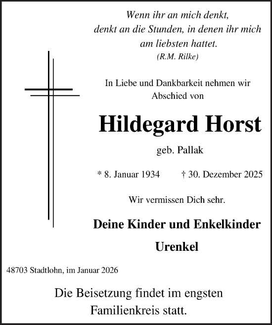 Traueranzeige von Hildegard Horst von Münsterland Zeitung