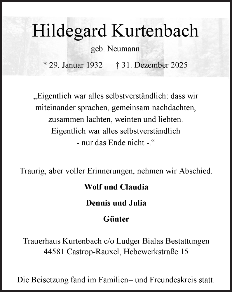  Traueranzeige für Hildegard Kurtenbach vom 10.01.2026 aus Stadtanzeiger Castrop-Rauxel