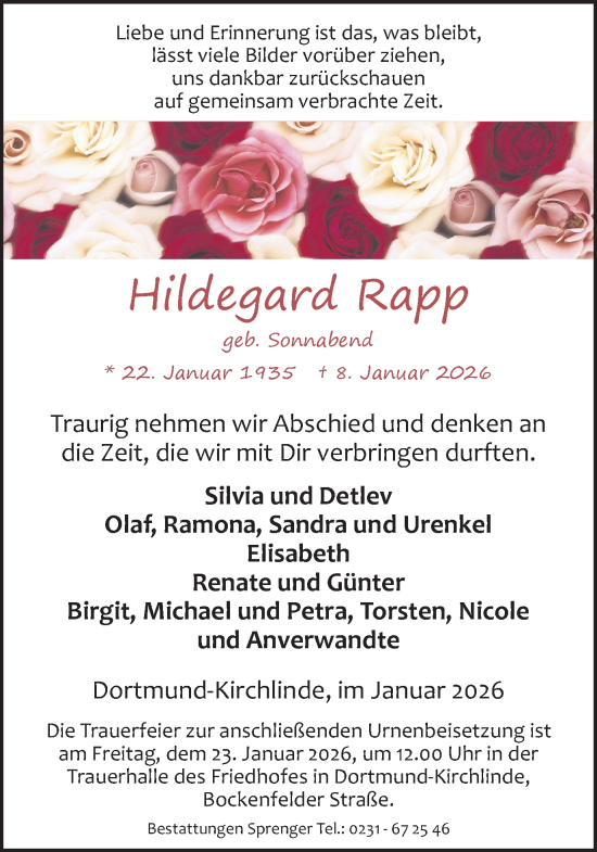 Traueranzeige von Hildegard Rapp von Ruhr Nachrichten