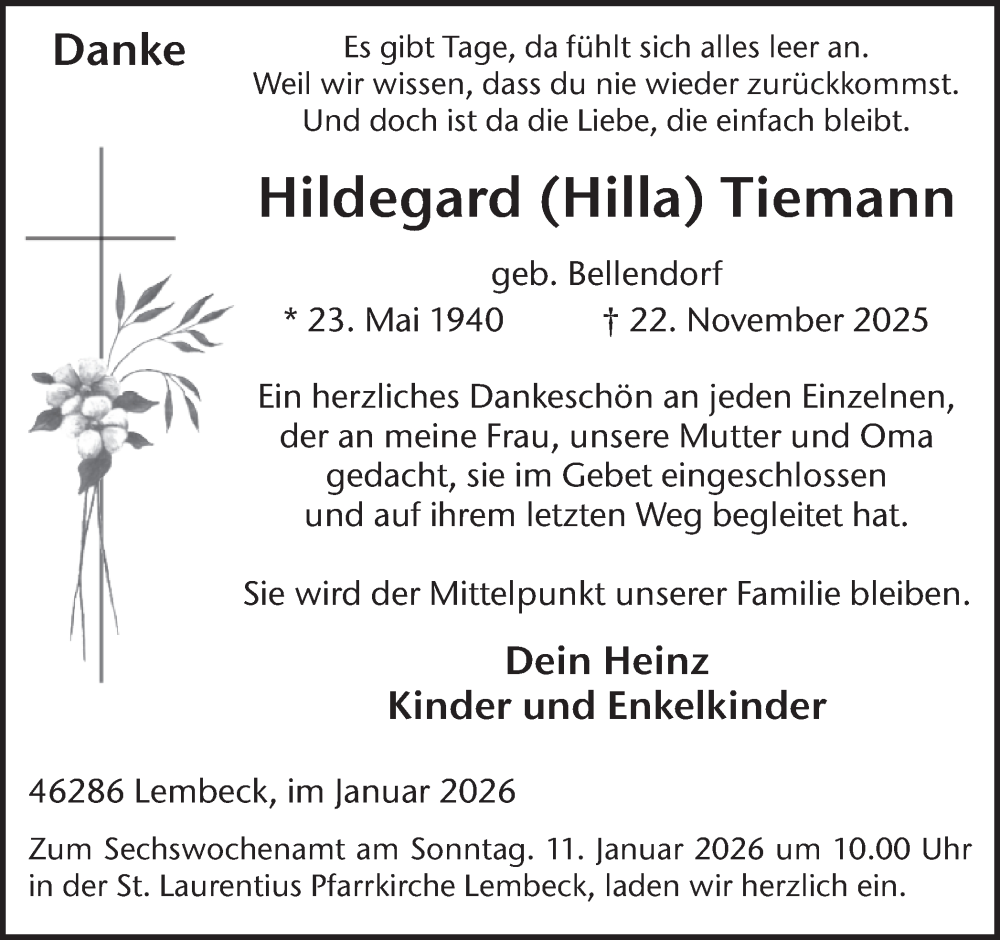 Traueranzeige für Hildegard Tiemann vom 08.01.2026 aus Ruhr Nachrichten und Dorstener Zeitung