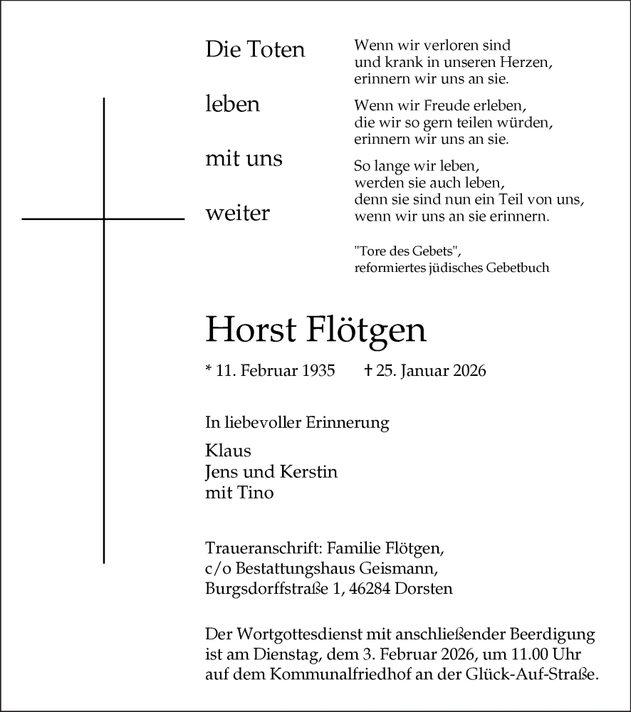  Traueranzeige für Horst Flötgen vom 31.01.2026 aus Ruhr Nachrichten und Dorstener Zeitung