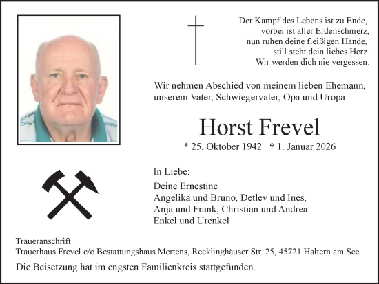 Traueranzeige von Horst Frevel von Trauer Vest
